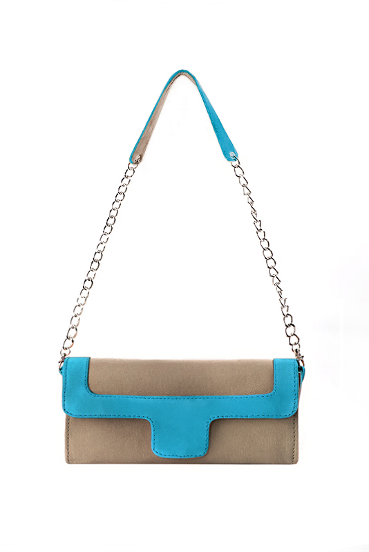 Women's tan beige and turquoise blue luxurious elegant clutch for ceremonies, weddings and evenings out. - Top view